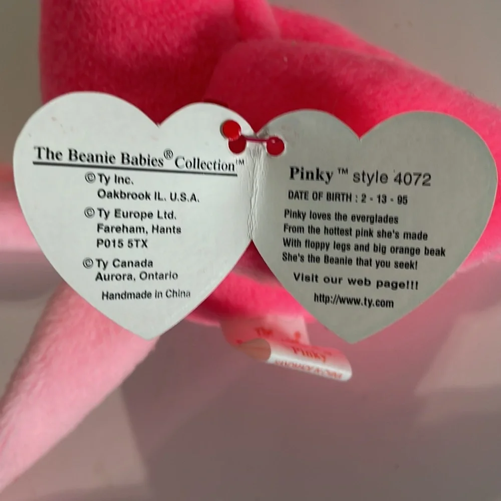 Ty Beanie Baby * Pinky‎ the Flamingo * Date of Birth: Feb 13, 1995 * Collectible